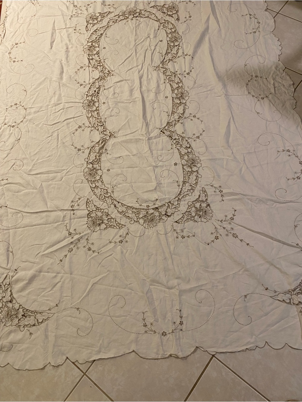 Embroidered Cream Tablecloth with Delicate Beige Floral Motif